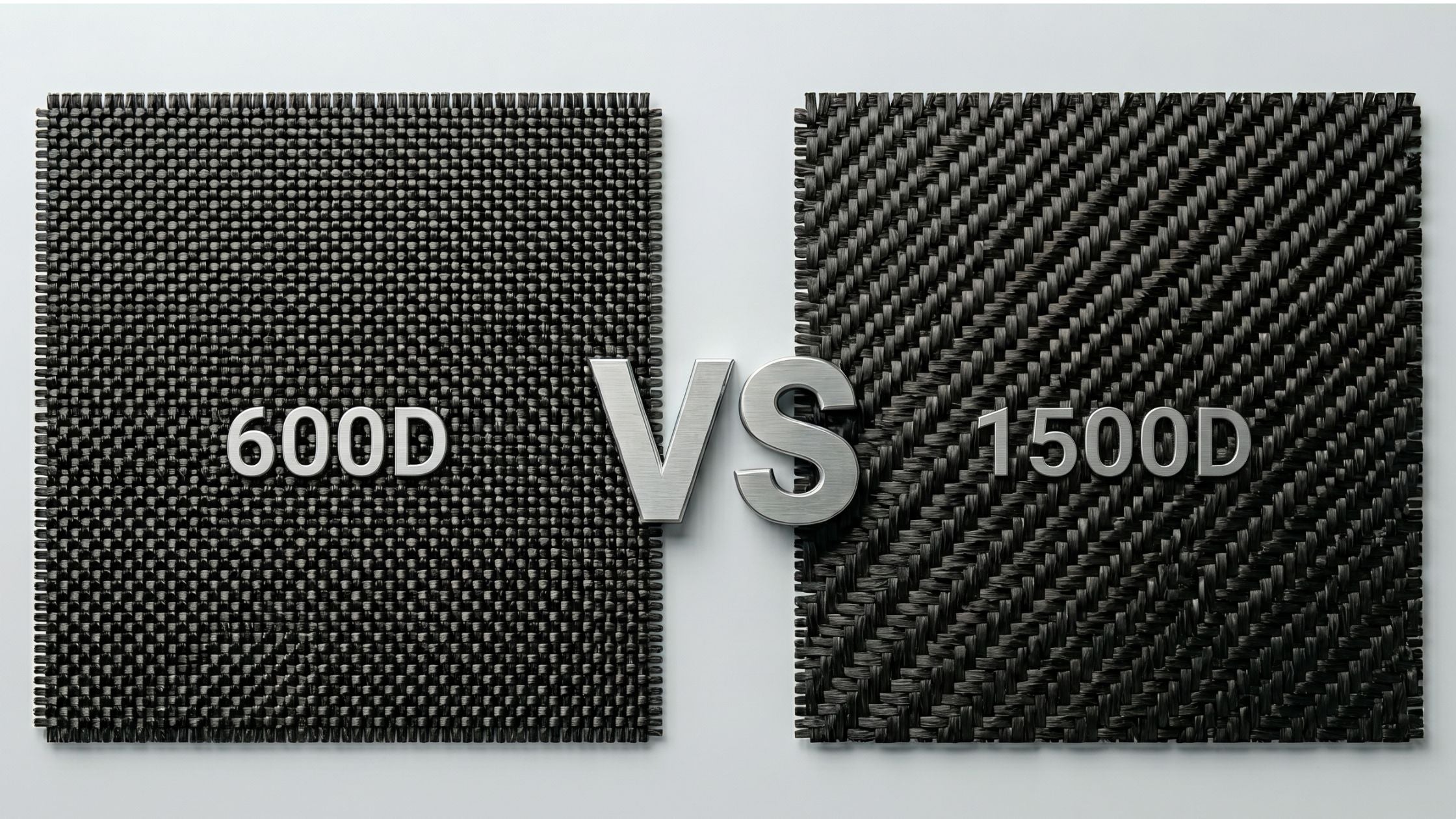 600D aramid fiber fabric beside 1500D with the text vs between them