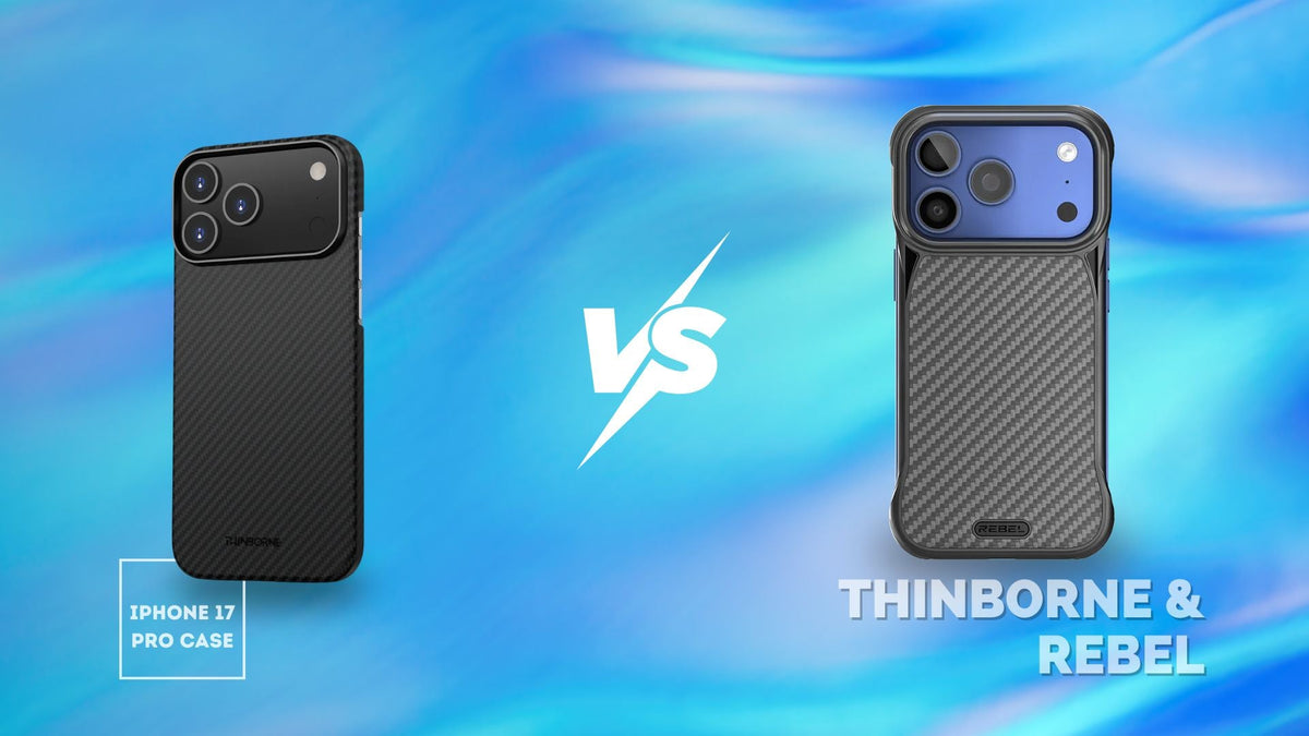 A side-by-side comparison of ThinBorne and Rebel iPhone 17 Pro case