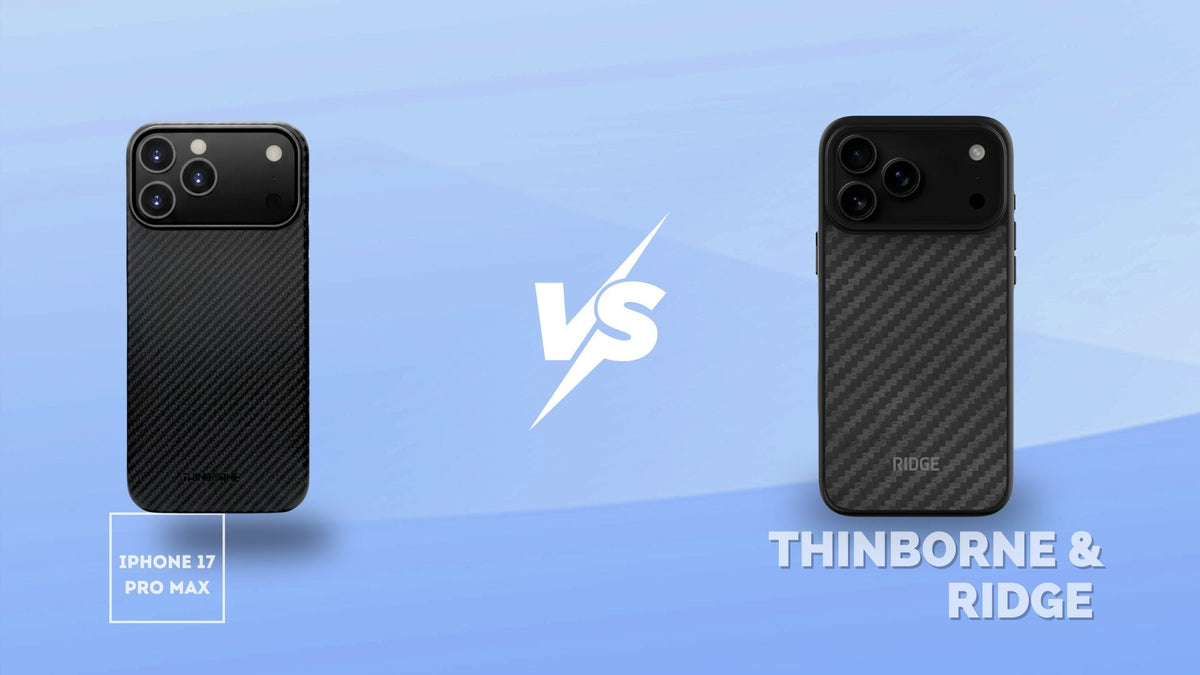 A side-by-side comparison of ThinBorne and Ridge iPhone 17 Pro Max case