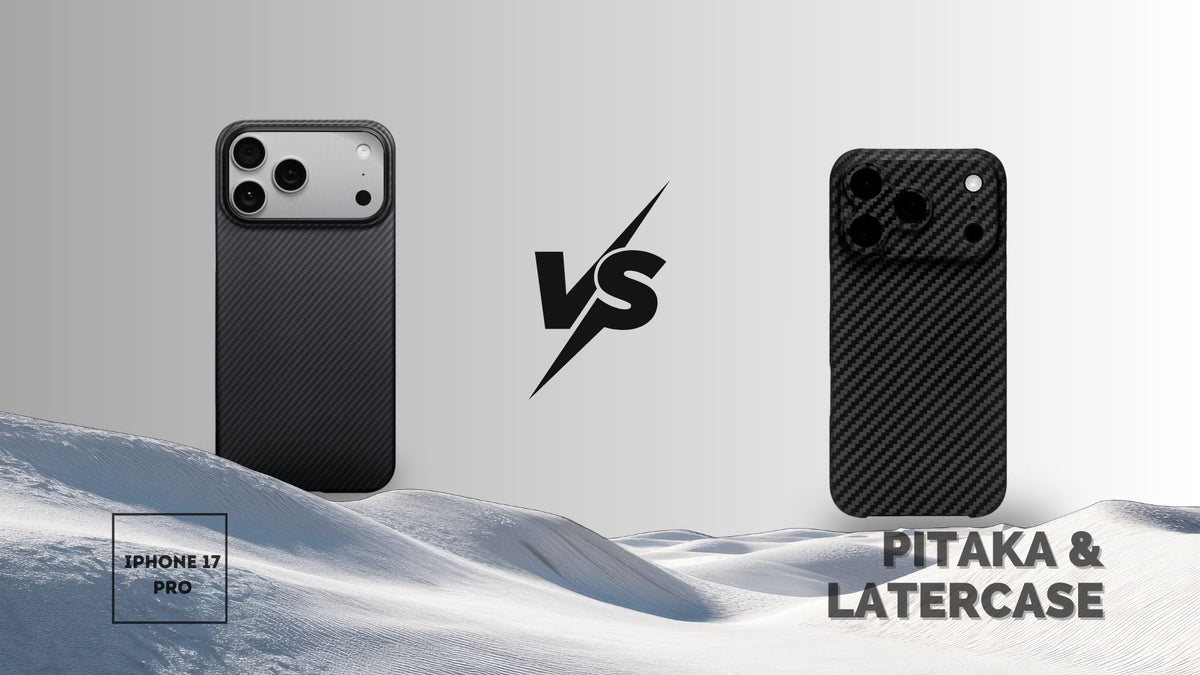 A side-by-side photo of PITAKA and Latercase iPhone 17 Pro case