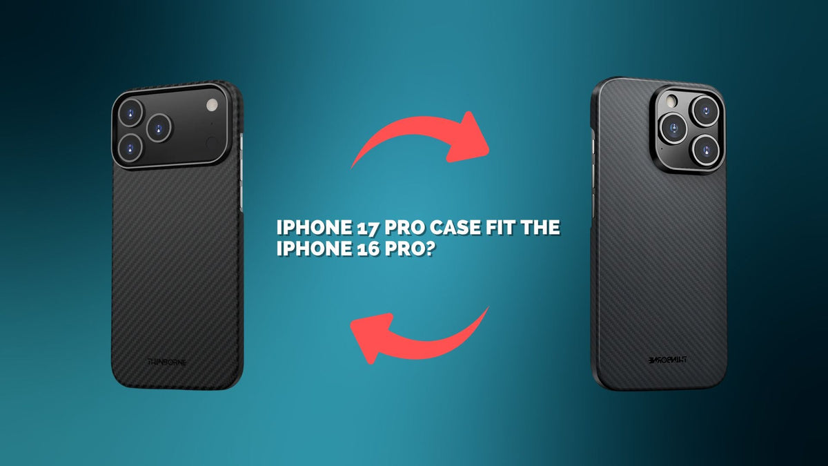 A side-by-side photo of ThinBorne’s iPhone 17 Pro and iPhone 16 Pro case