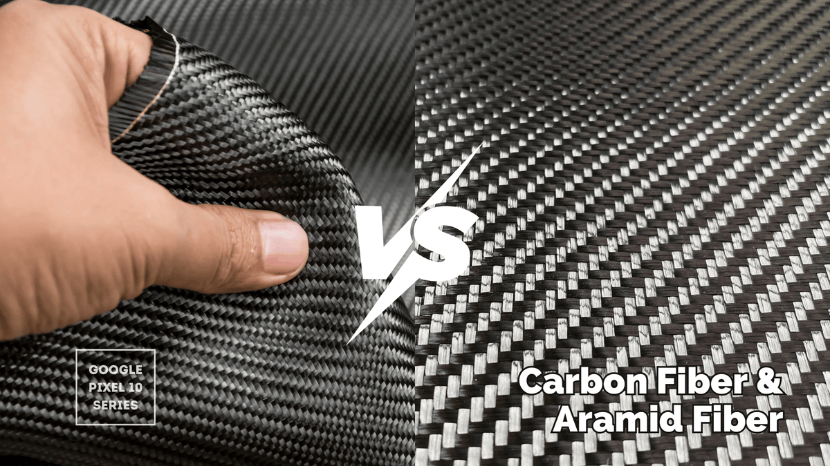 Close-up comparison of carbon fiber and aramid fiber materials for Google Pixel 10 Series cases