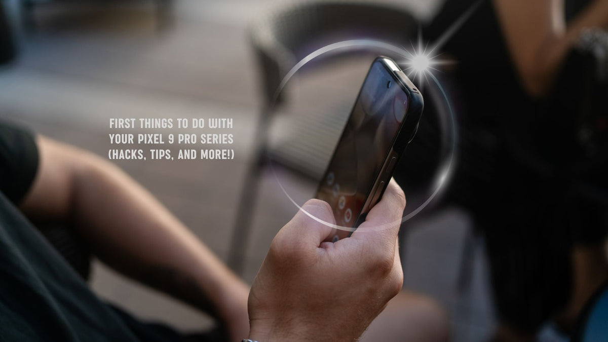 Close-up photo of hands holding Pixel 9 Pro with concept: first things to do with your Pixel 9 Pro series