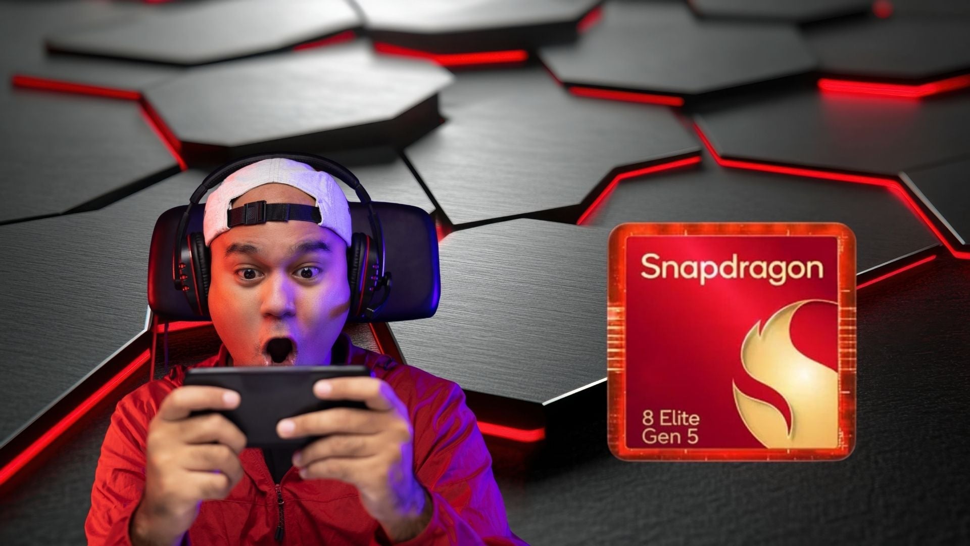 Gamer guy looking excited with a photo of Snapdragon 8 Elite Gen 5 chip on the side