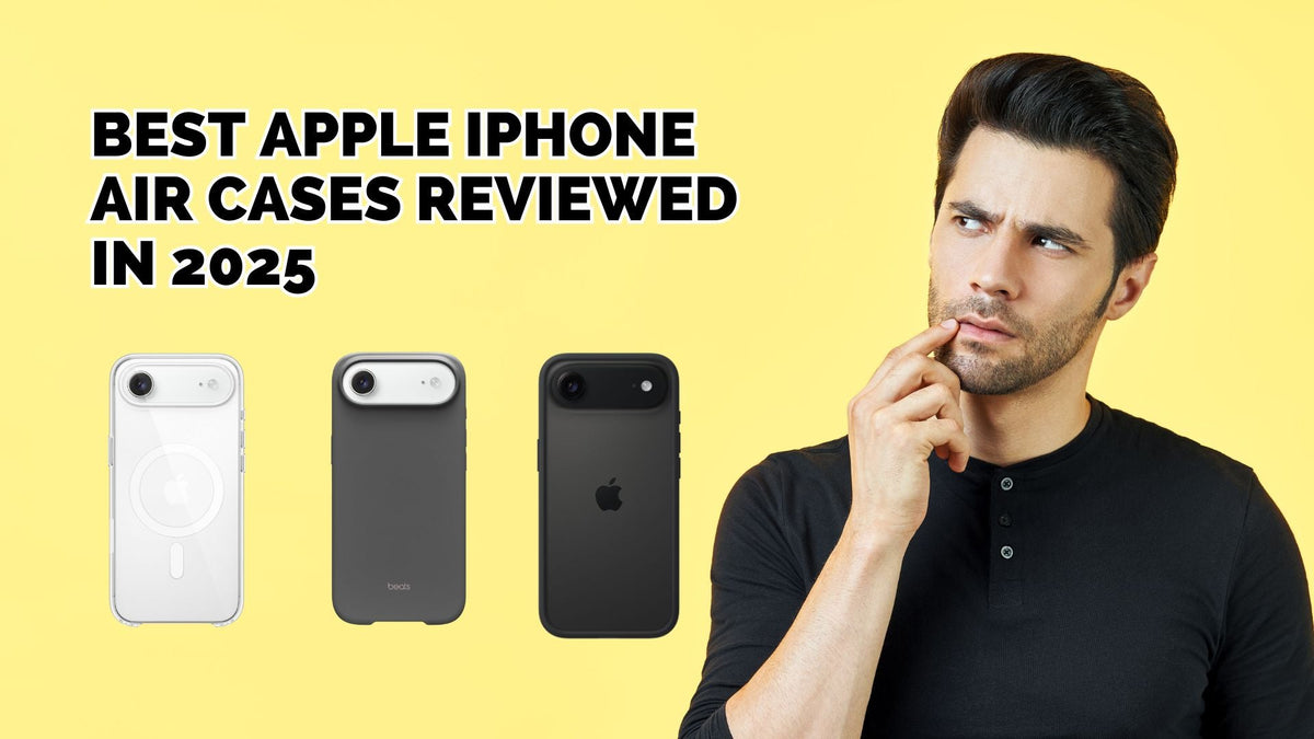 Man deciding between three Apple iPhone Air Cases on display — Frost, Beats, and Bumper — for an Apple iPhone Air Cases review in 2025.