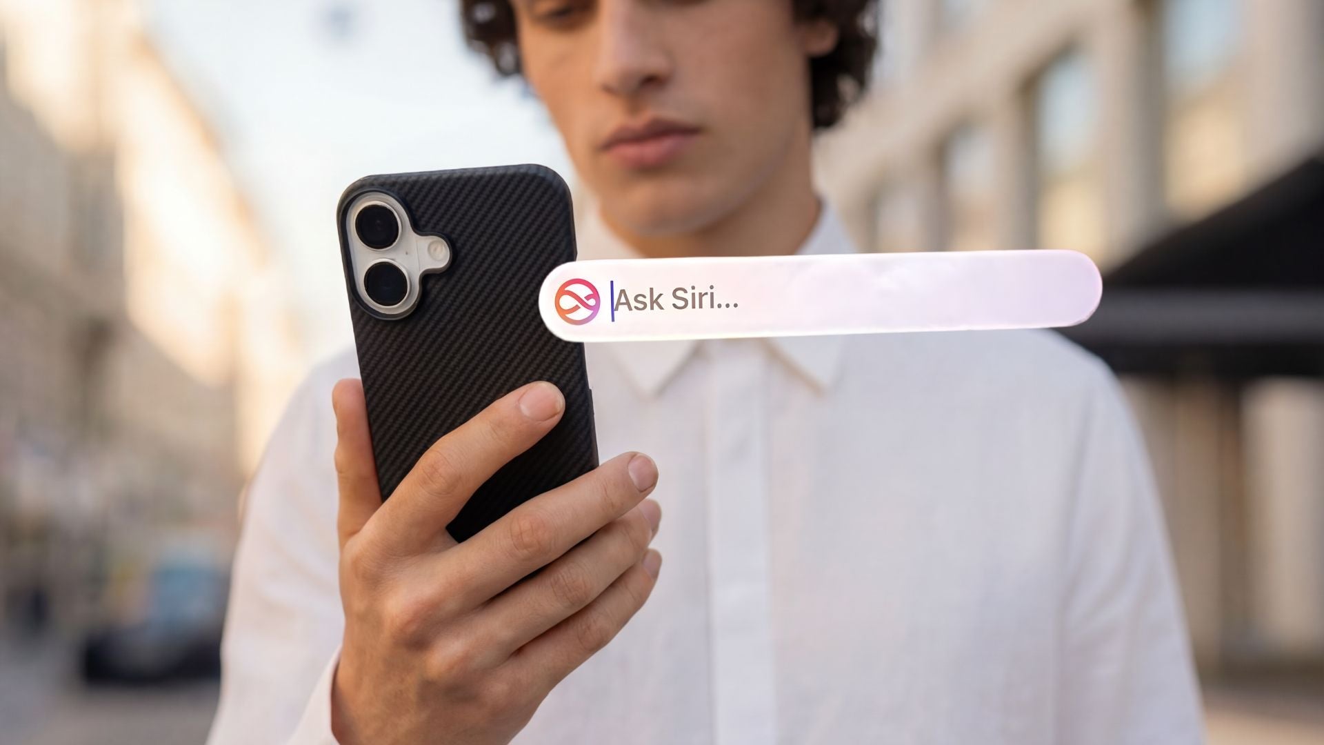 man holding the iPhone 17 with aramid fiber case on and siri box
