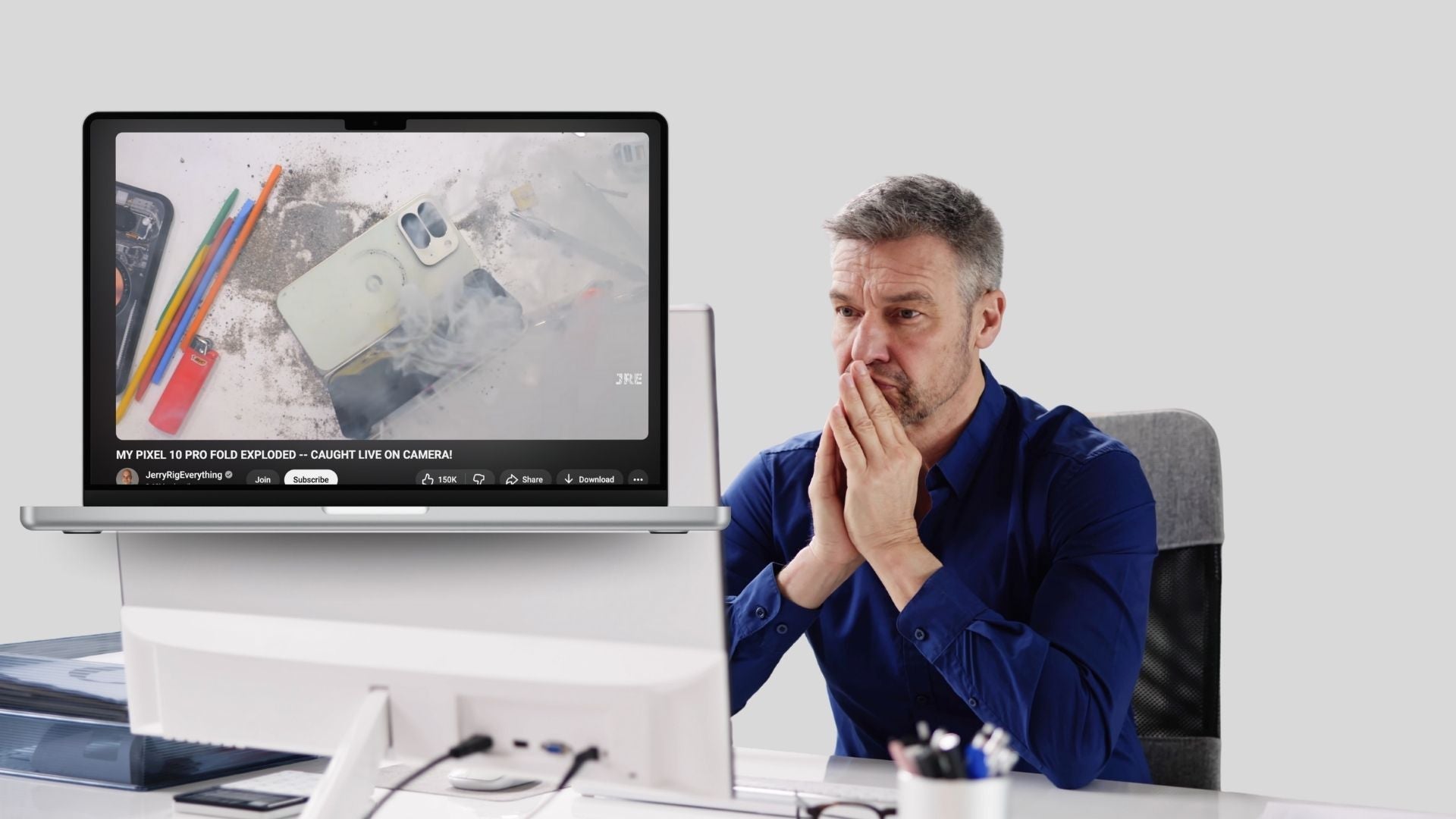 man watching JerryRigEverything’s Pixel 10 Pro Fold Durability Test on computer