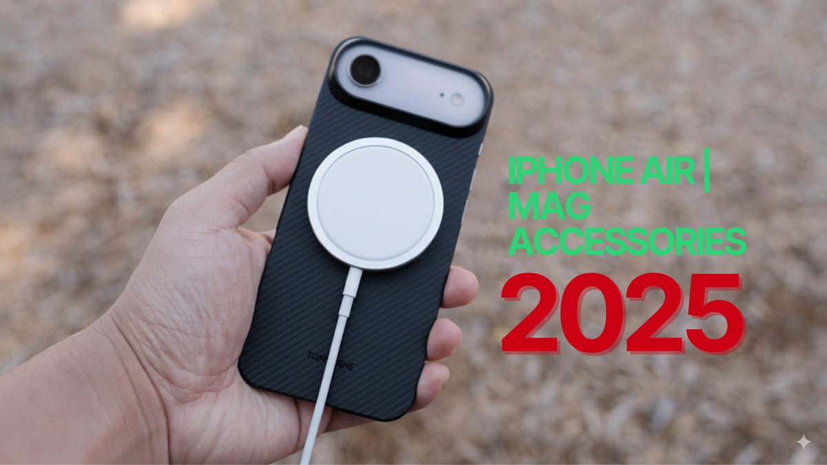 iphone air mag accessories text on a banner photo with a display of hand holding a thin iphone air case