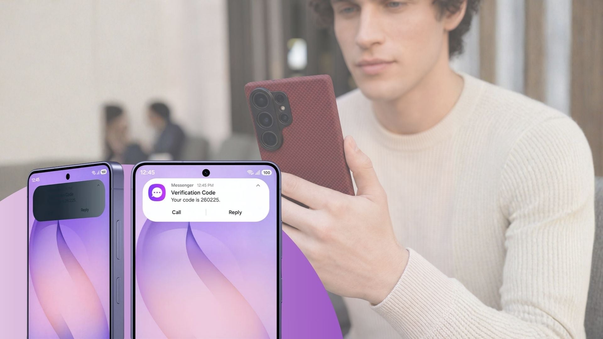 Samsung galaxy s26 ultra privacy display with man in the background using a thin aramid fiber case for the S26 ultra in crimson red