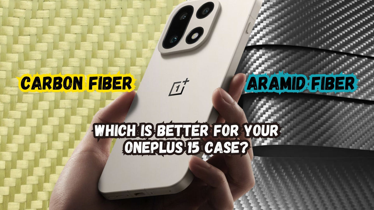 Side-by-side comparison of carbon fiber vs aramid fiber for OnePlus 15 case with phone held in hand.