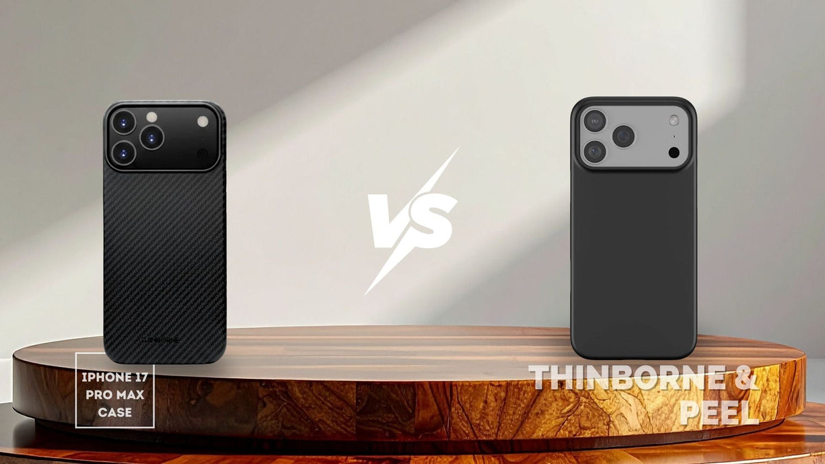 Side-by-side comparison of ThinBorne and Peel iPhone 17 Pro Max case