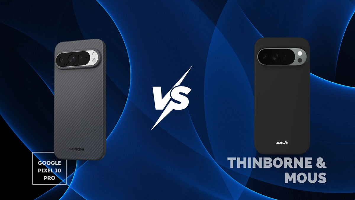 Side-by-side image of ThinBorne and Mous Super Thin Case with Pixelsnap for Pixel 10 Pro/ Pro XL
