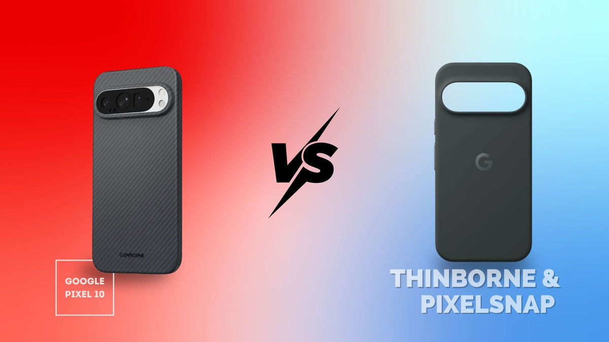 Side-by-side image of ThinBorne and PixelSnap Case for Pixel 10