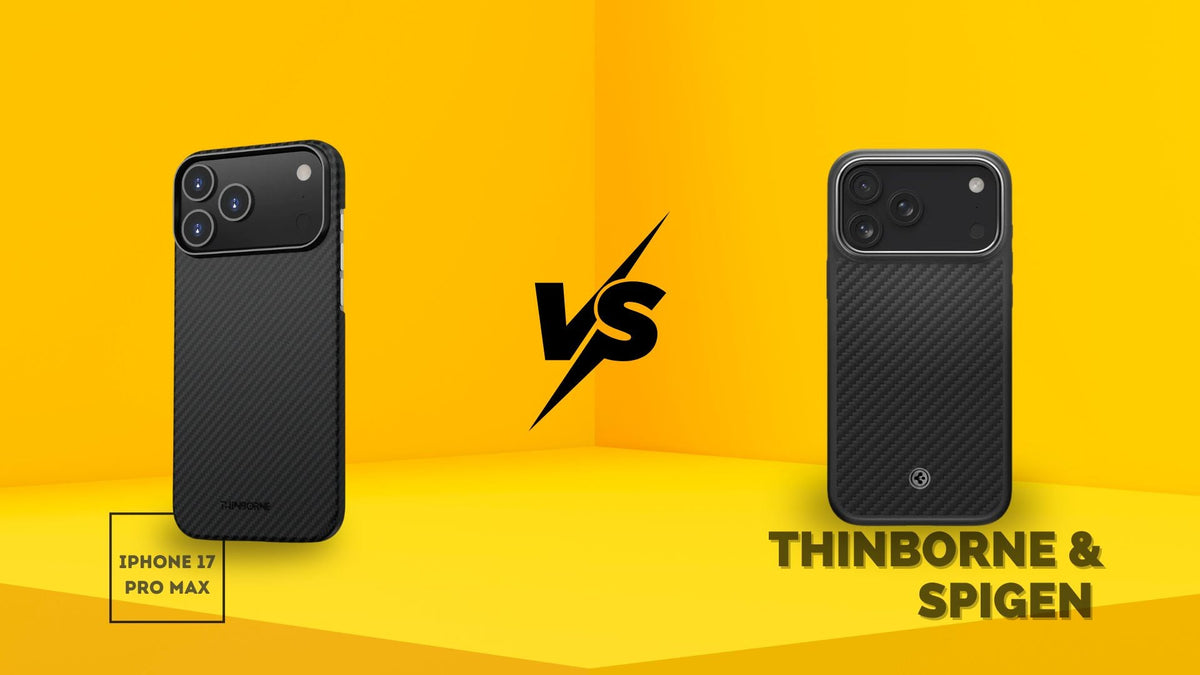 Side-by-side image of ThinBorne and Spigen iPhone 17 Pro Max cases