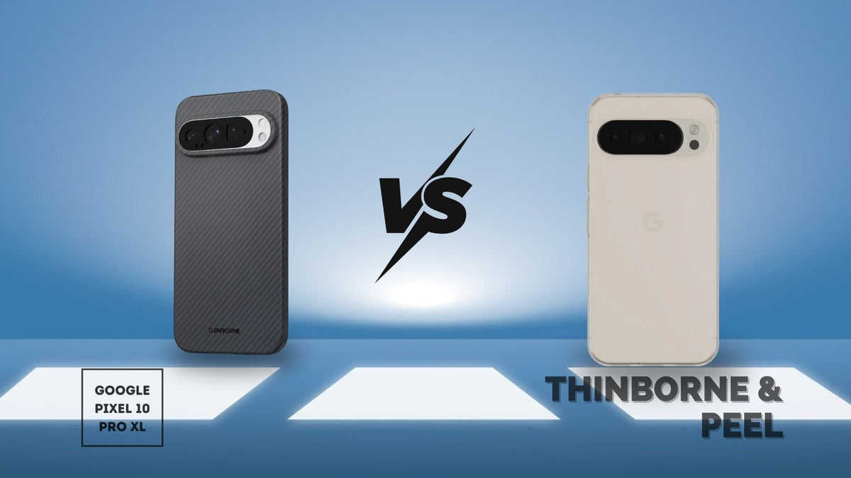 Side-by-side photo of ThinBorne and Peel Flex Google Pixel 10 Pro XL Case