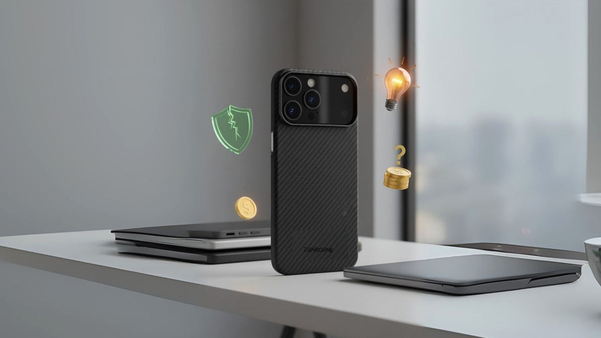 thin phone case for the iPhone 17 Pro on top of table with gadgets everywhere