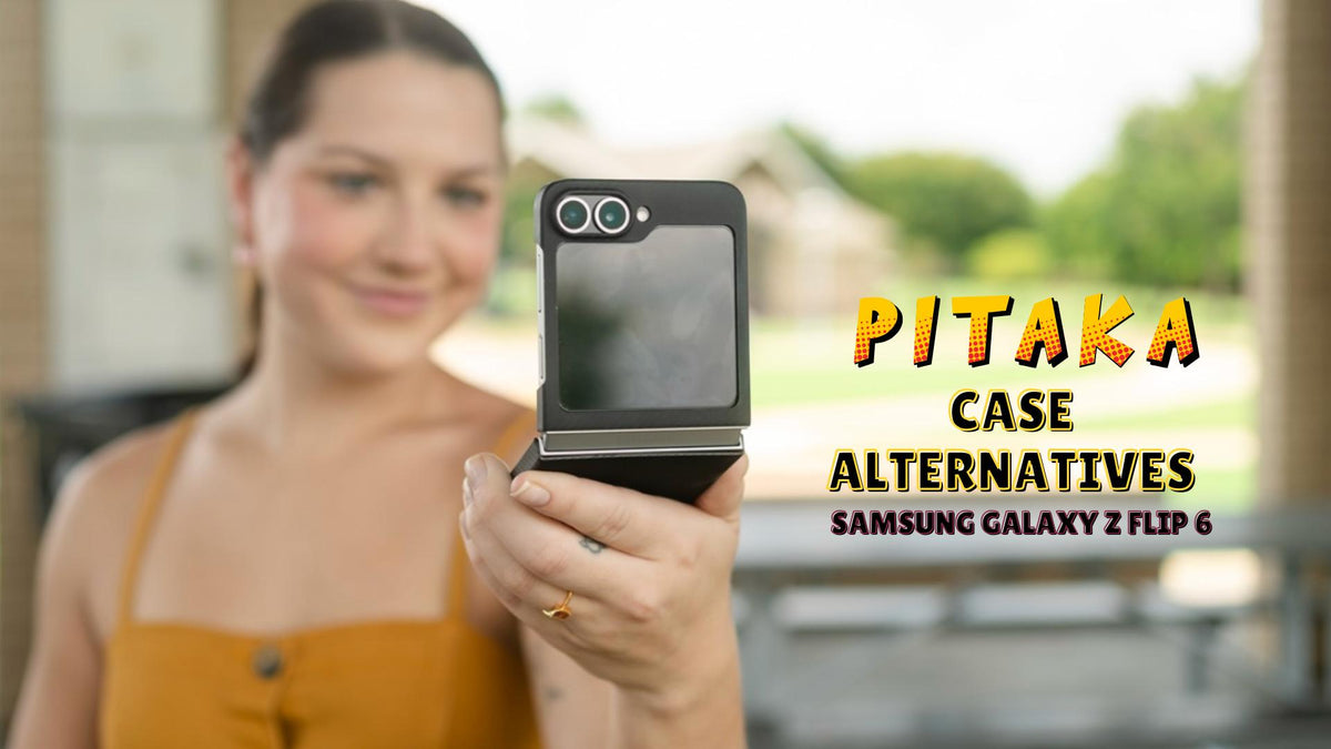 young woman taking a selfie from the Z Flip 6 using aramid fiber case, Pitaka case alternative concept