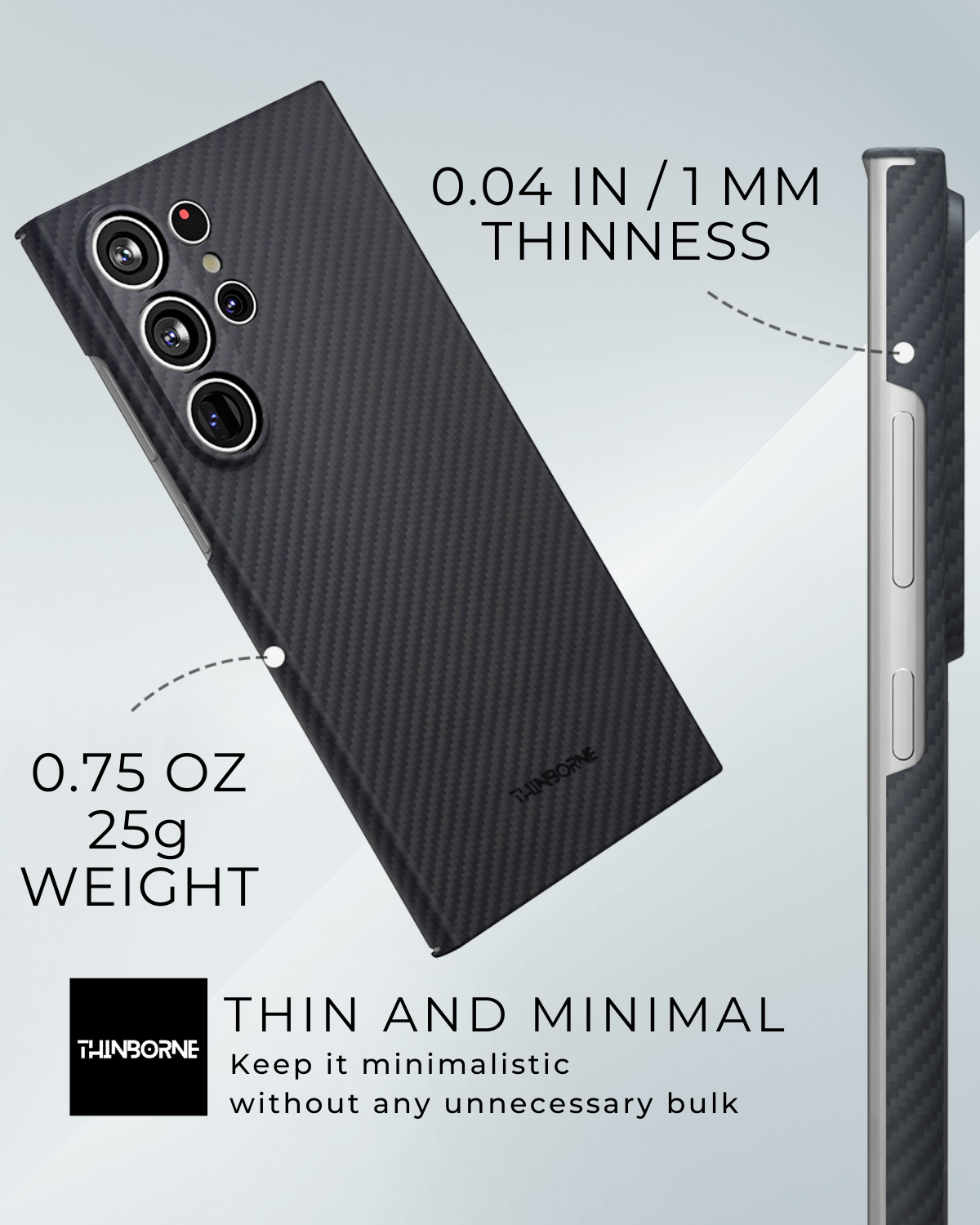 showing the weight (0.75 oz) and 0.04 In THIN AND MINIMAL OF THE ARAMID FIBER SAMSUNG GALAXY S24 ULTRA THIN CASE