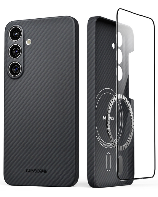 Galaxy S25 Plus slim case with MagSafe, shown with tempered glass screen protectors.