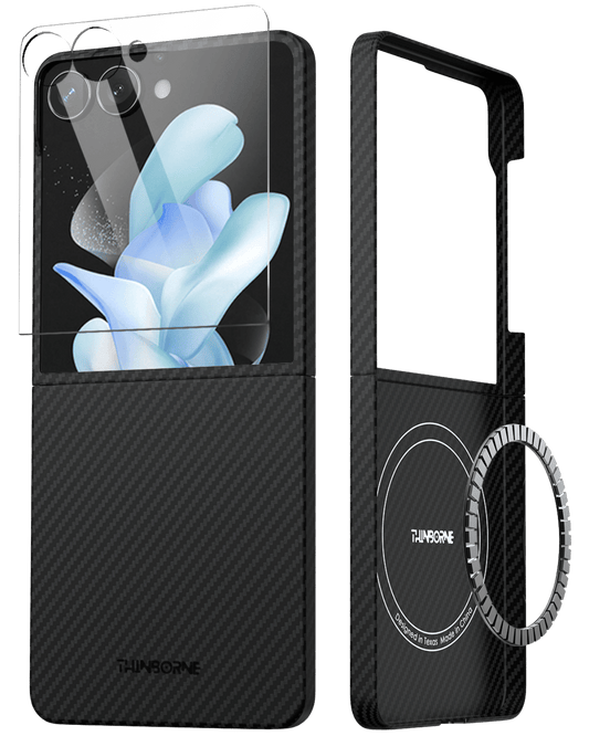 Front and back view of Galaxy Z Flip 7 case featuring MagSafe ring and tempered glass screen protector.
