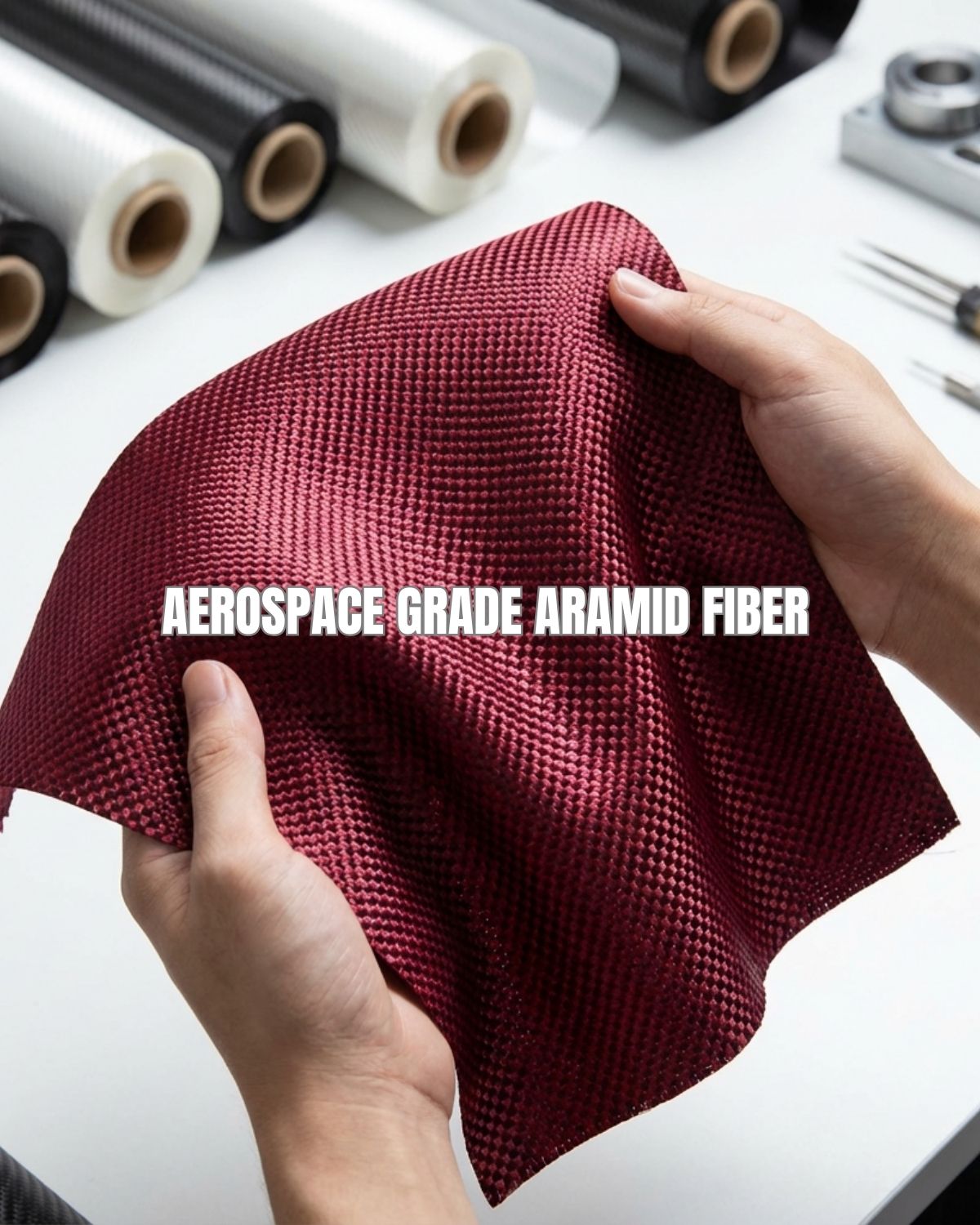 Aerospace-grade aramid fiber with a hand holding it, text about its properties.
