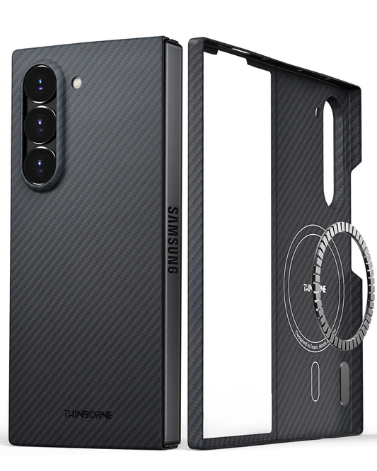 showing different angles of the samsung galaxy z fold 6 case made of aramid fiber, come with magsafe