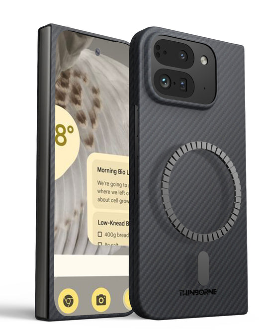 a picture shows the front and back of the google pixel 10 pro fold aramid fiber, and shows the magsafe fucntion
