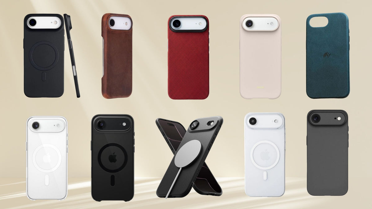 iPhone Air in 10 different MagSafe cases standing side by side