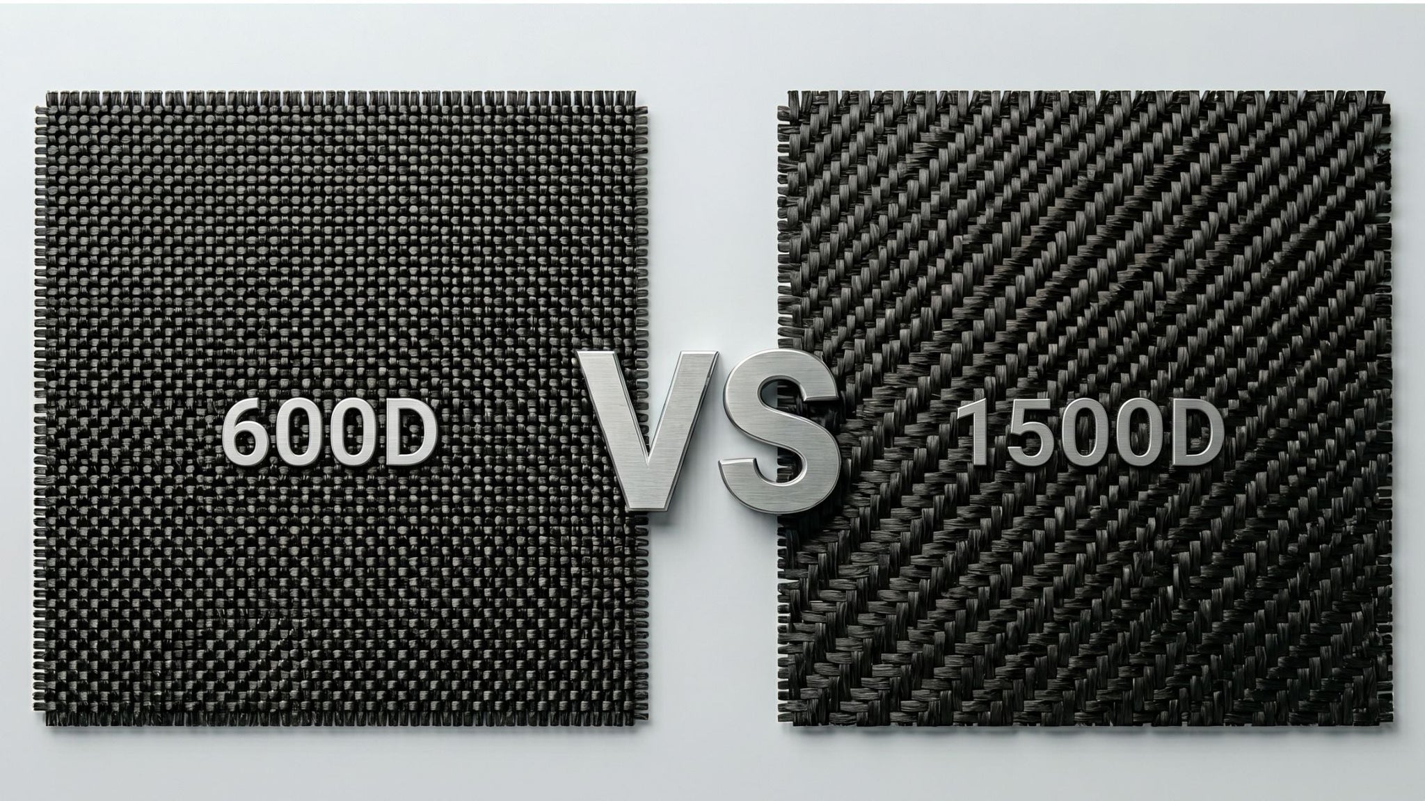 600D aramid fiber fabric beside 1500D with the text vs between them