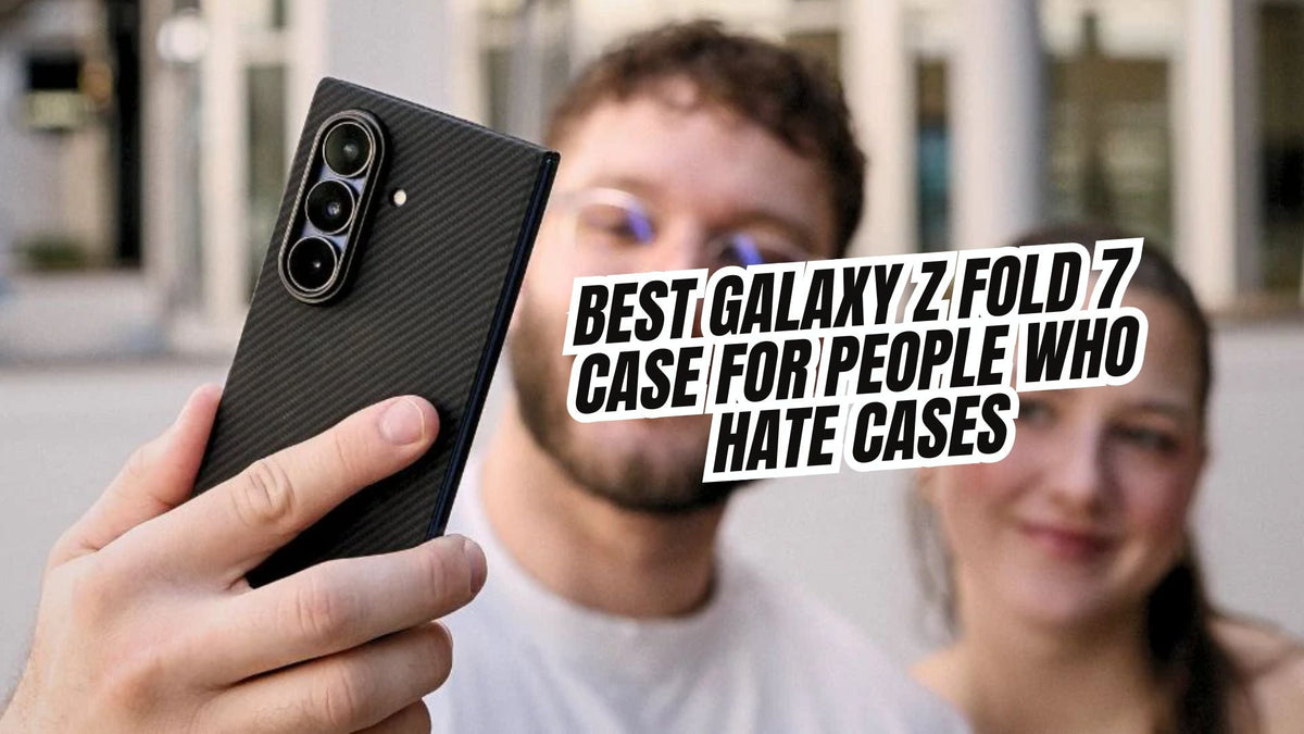 A man using a Google Pixel 10 Pro with a ThinBorne  Galaxy Z Fold Z case on it