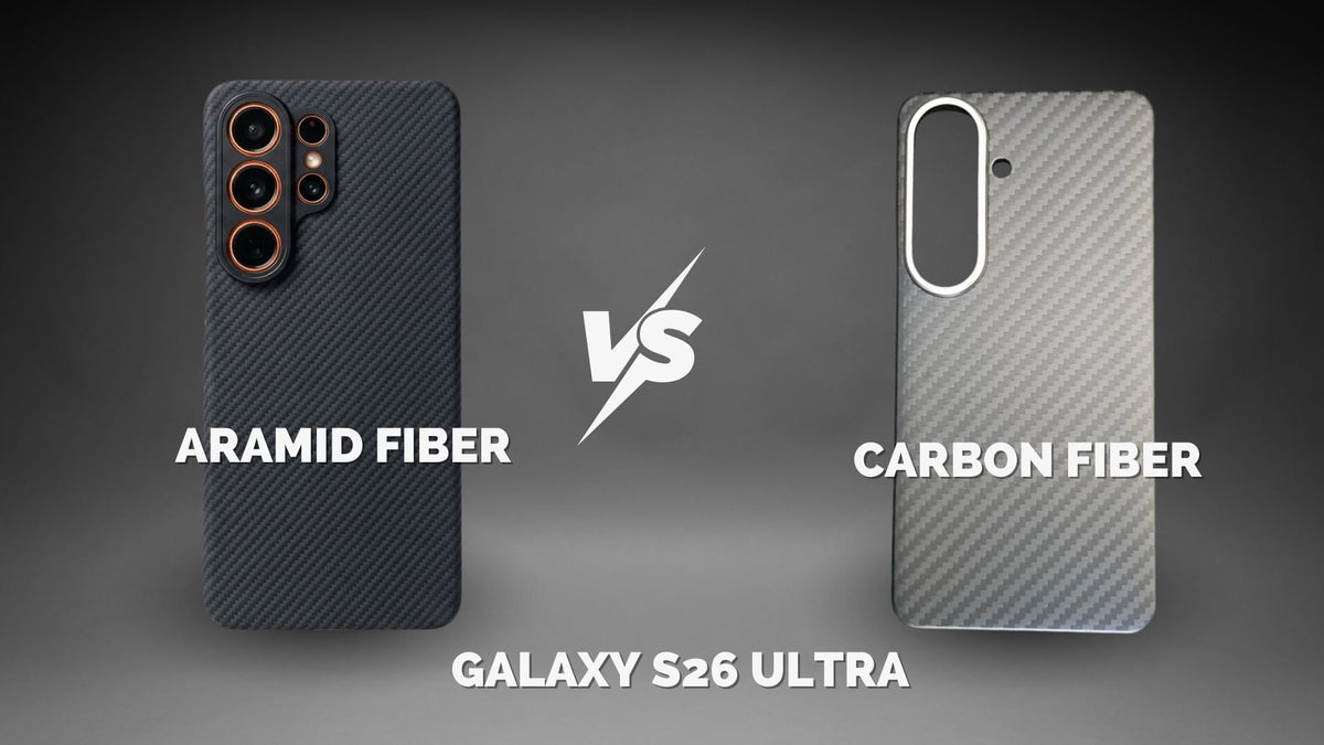 A side-by-side image of aramid fiber and carbon fiber Galaxy S26 Ultra case