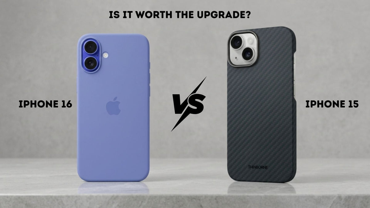 A side-by-side image of iPhone 16 and ThinBorne iPhone 15 case