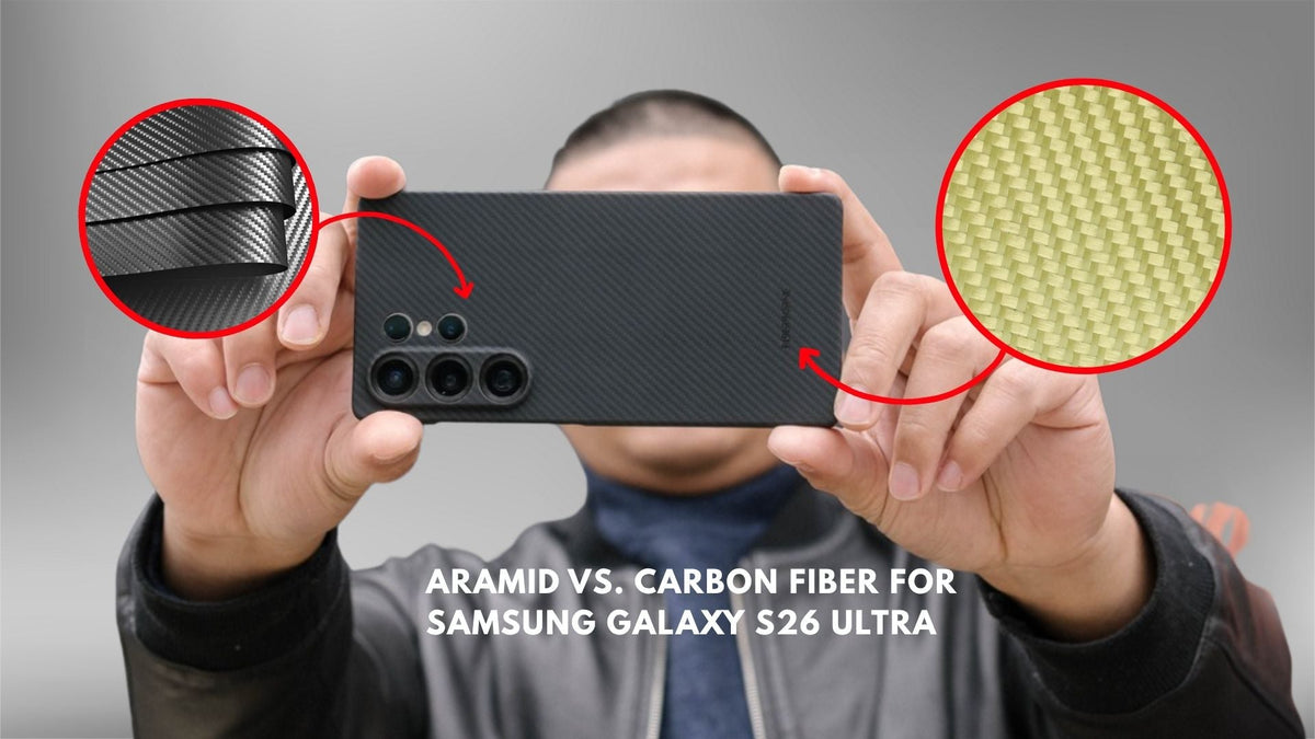 a side-by-side photo of aramid fiber and carbon fiber with ThinBorne Galaxy S26 Ultra Case