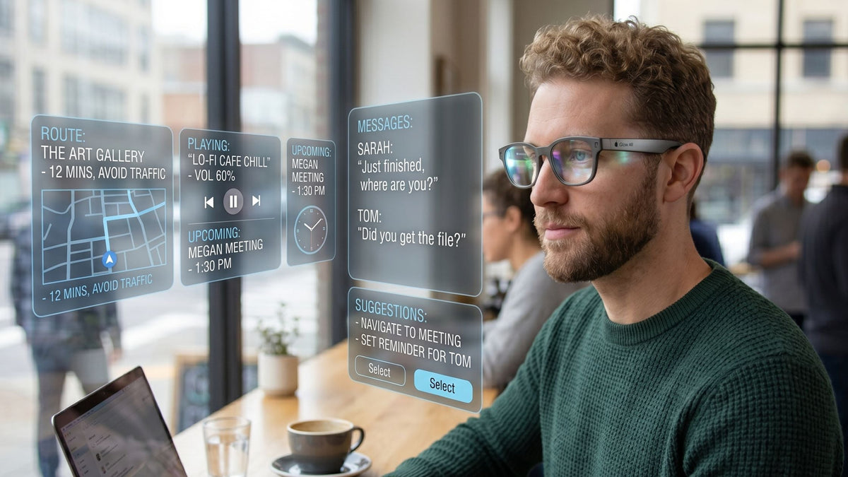 Guy in coffee shop wearing AI smart glasses and multitasking on calls, messages, and traffic updates