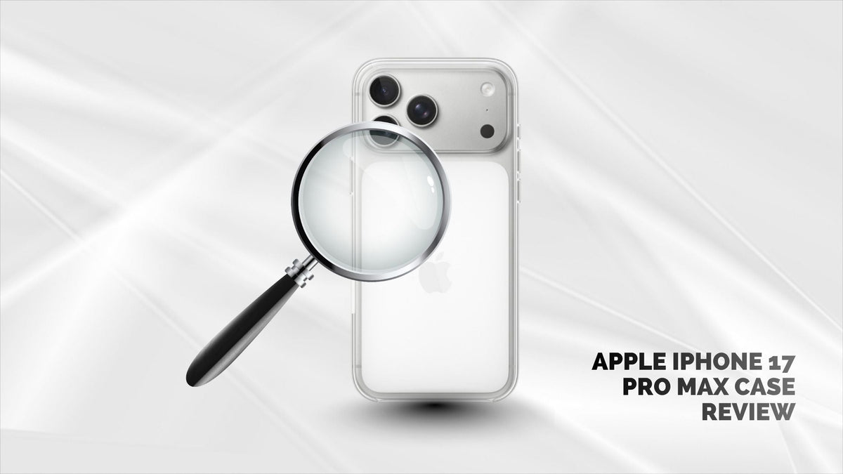 Magnifying glass on iPhone 17 Pro Max in Official iPhone Clear case on minimalist gray and white background