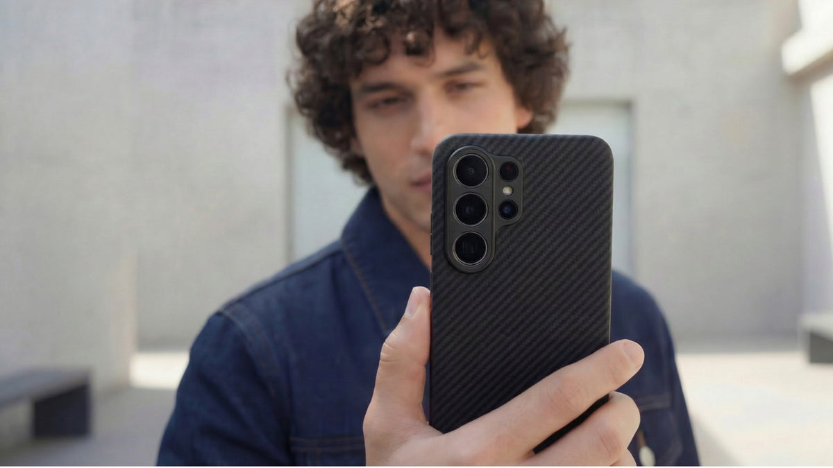 man looking at his Samsung Galaxy S26  Ultra in a Thinborne aramid fiber Galaxy S26 Ultra case