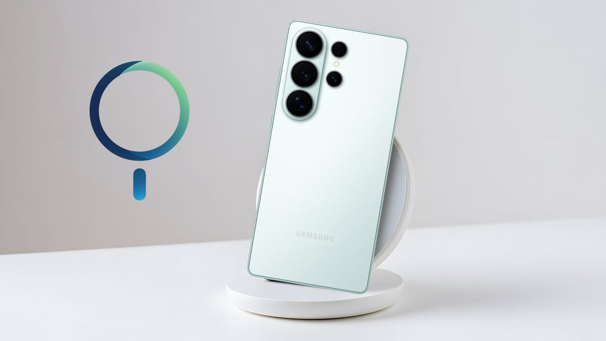 back portion of the S26 Ultra shown while docked in a wireless charger with MagSafe symbol on the left side