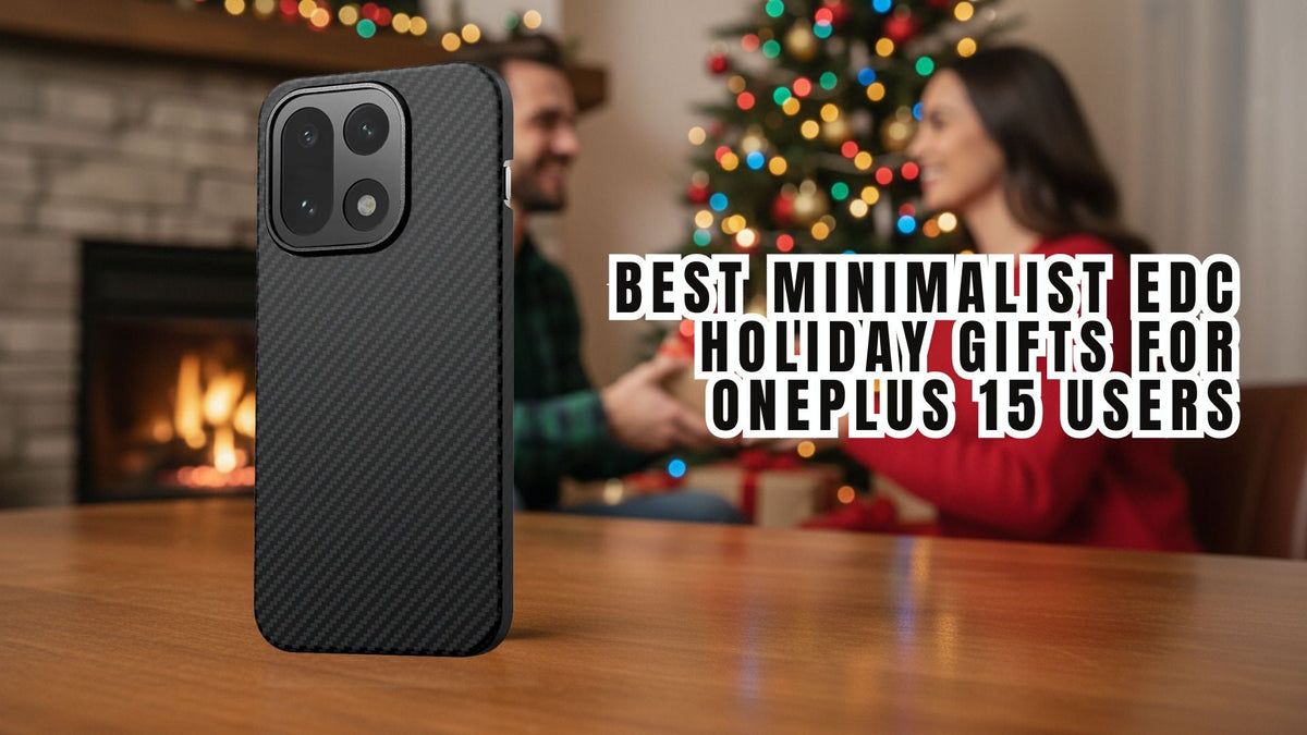 ThinBorne OnePlus 15 case with a couple giving gifts in the background