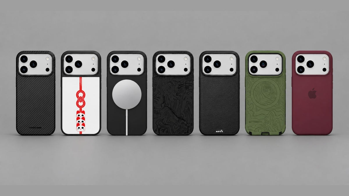 iPhone 18 Pro cases from top brands on a grey background
