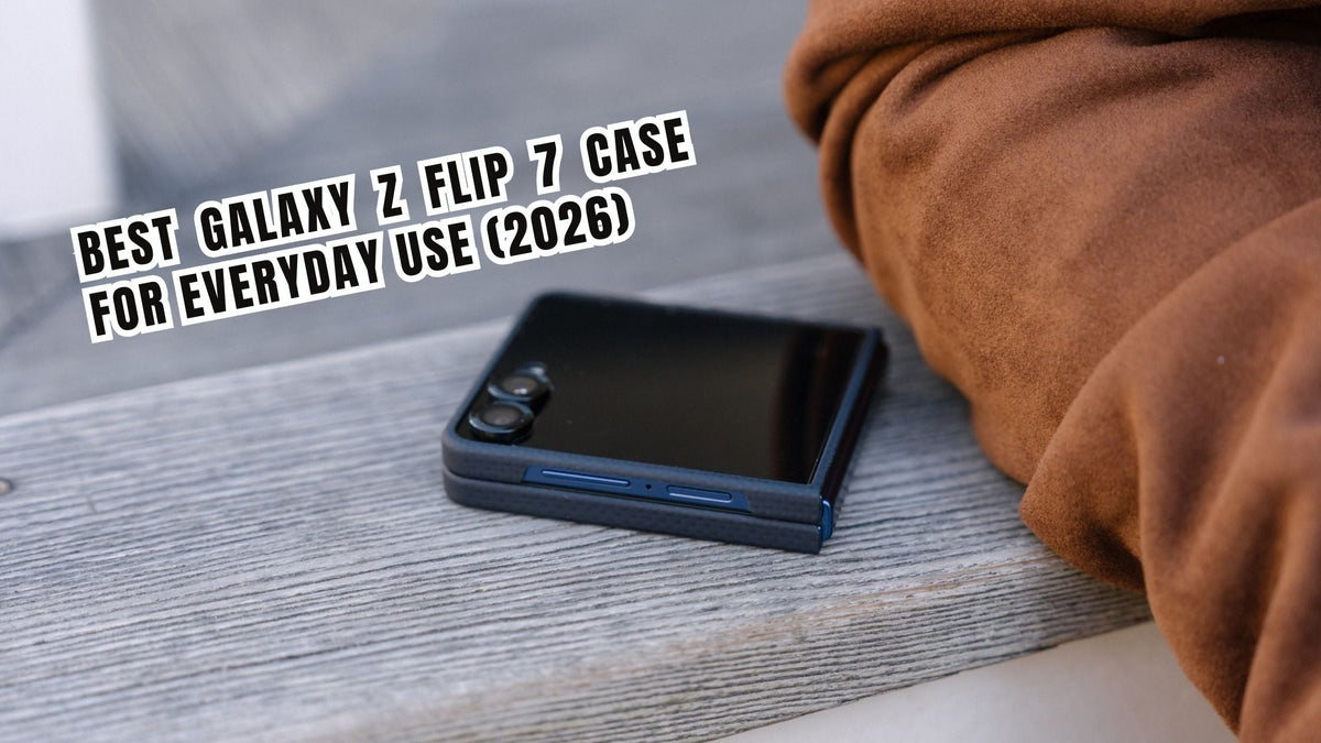 Folded Galaxy Z Flip 7 in black Thinborne aramid fiber case on top of table