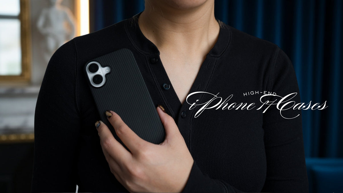 Woman in black holding the iPhone 17 in a Thinborne case near her chest in luxurious background