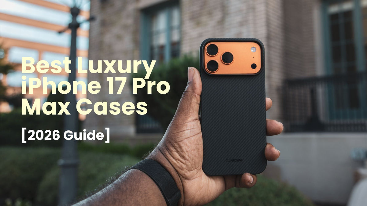 Man's hand holding an iPhone 17 Pro Max in black Thinborne aramid fiber case on building background