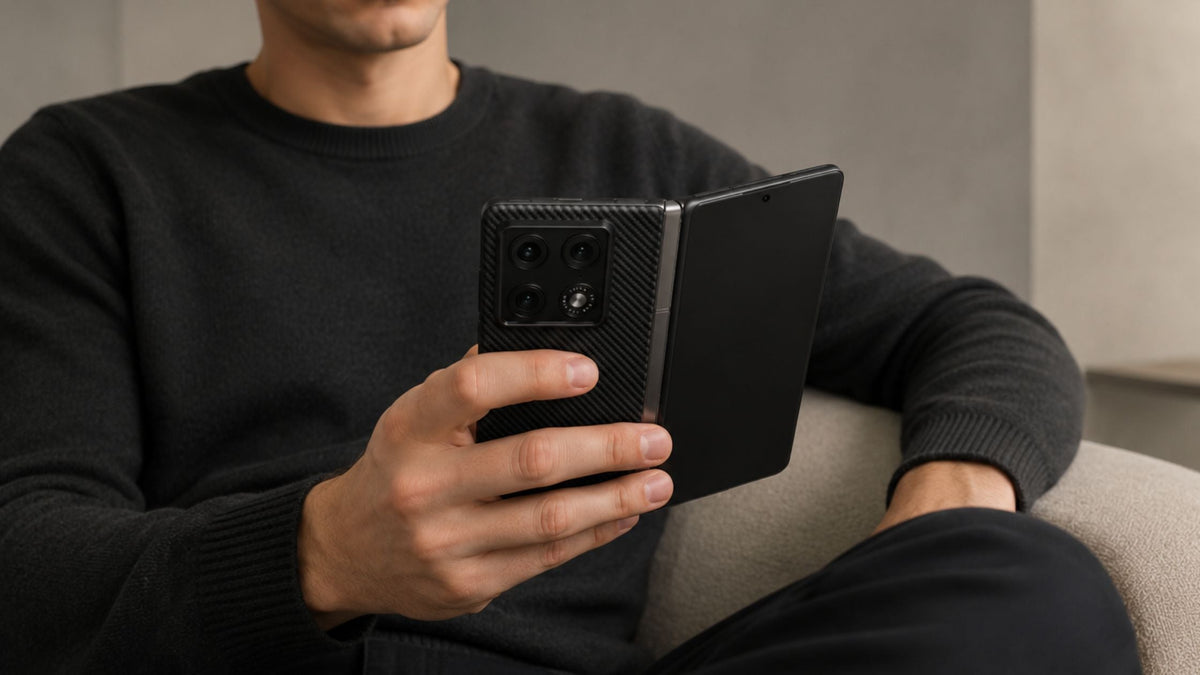 Man in black sweater holding unfolded Motorola Razr Fold in black Thinborne case while sitting down