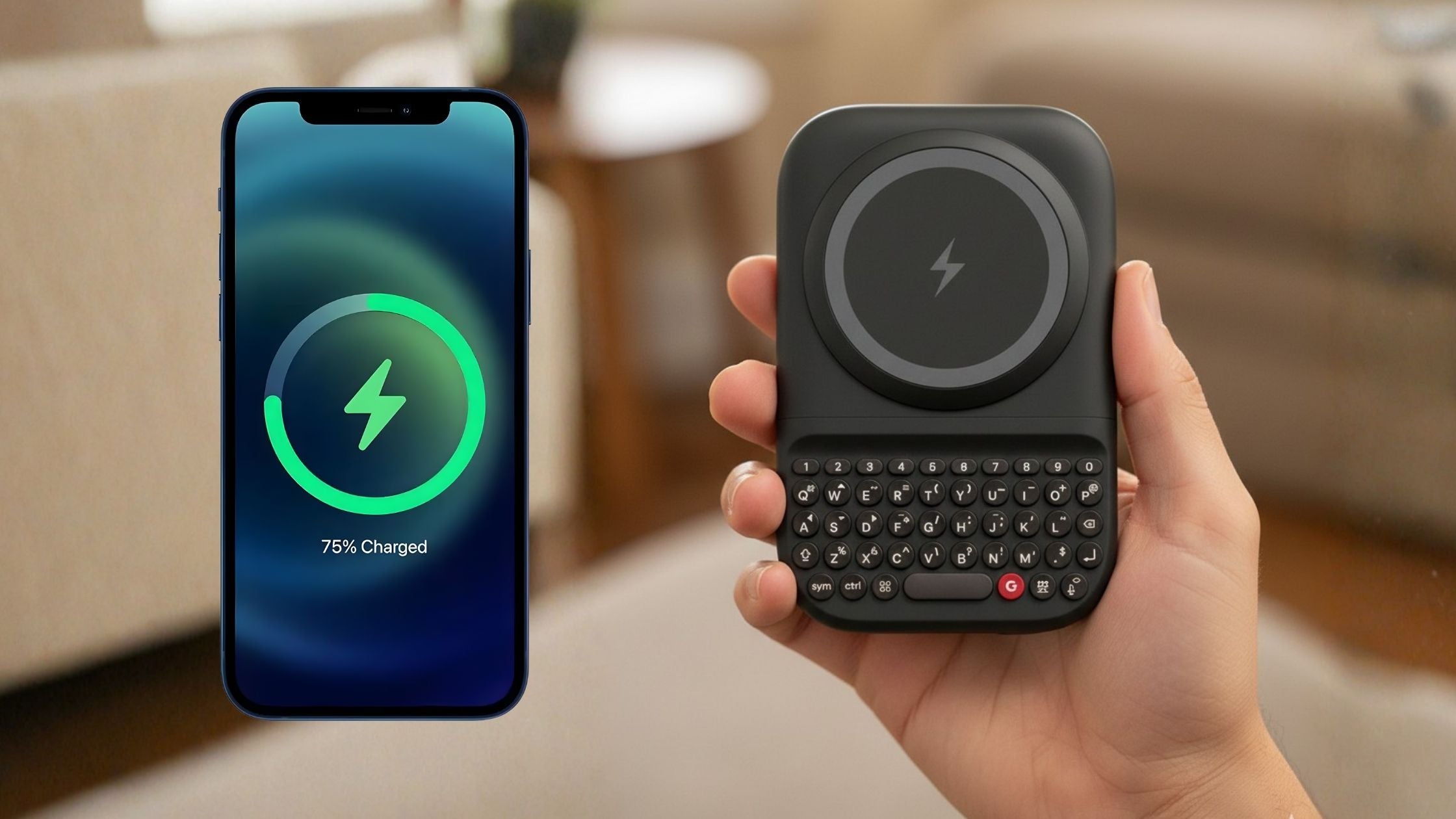 Smartphone showing charging status beside a hand holding the Clicks Power Keyboard