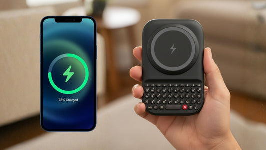 Smartphone showing charging status beside a hand holding the Clicks Power Keyboard