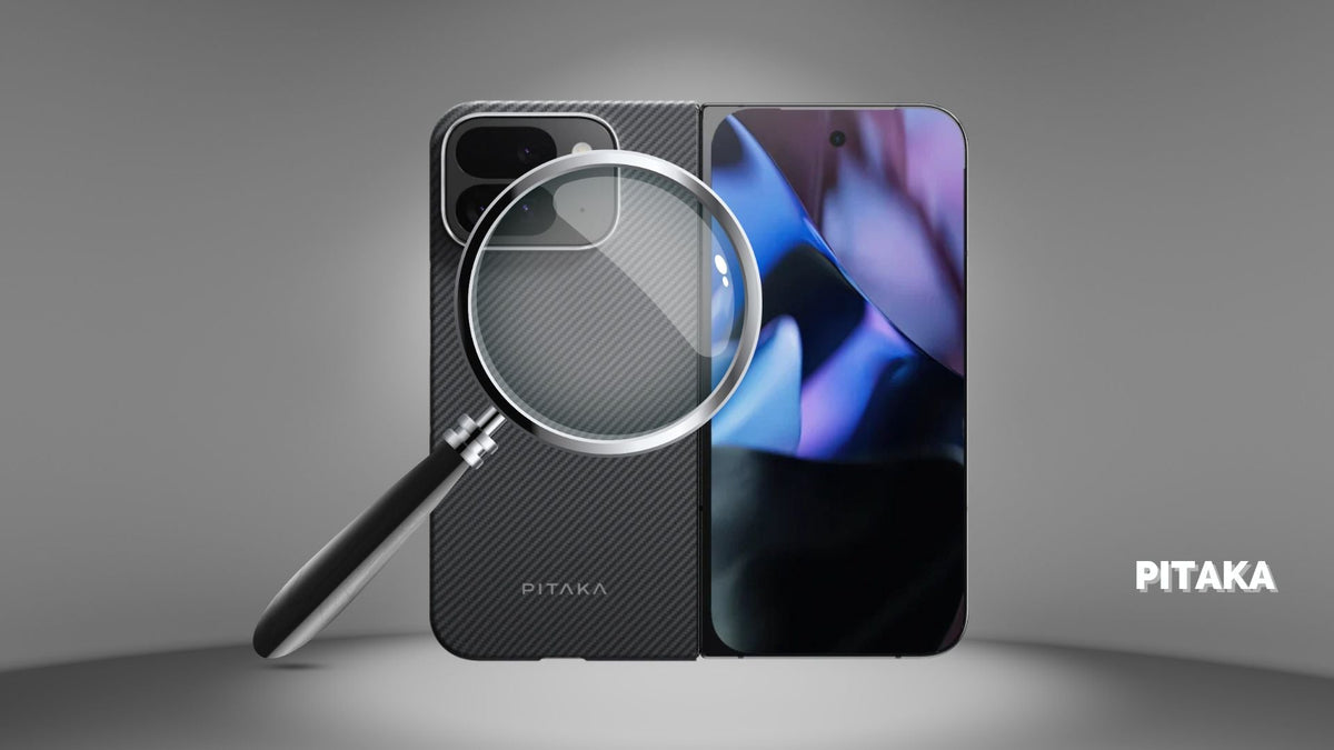 Close-up of PITAKA Pixel 9 Pro Fold case with carbon fiber texture