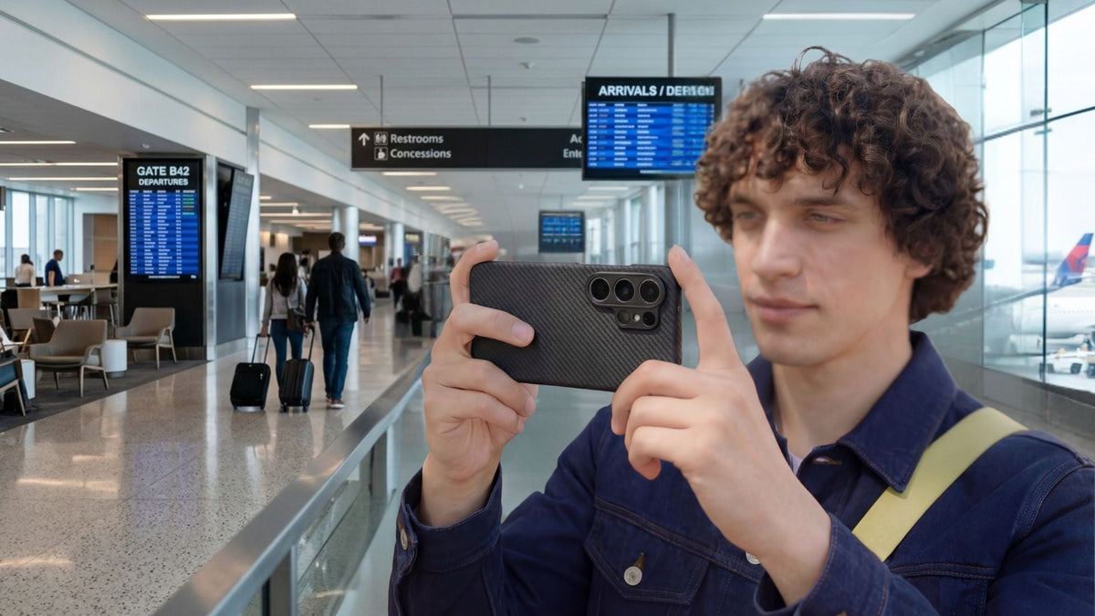 curly guy holding the galaxy s26 ultra showing aramid fiber case