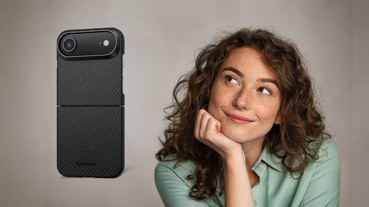 curly young smiling woman with thoughts about the first foldable iphone thin phone case