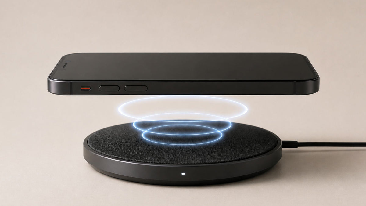 Smartphone floating above wireless charger with magnetic field in between them