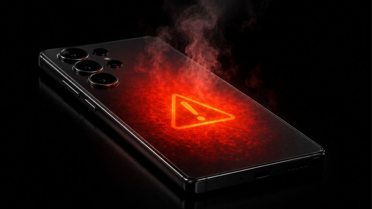 AI-generated image of S24 Ultra overheating with danger sign on black background